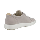 Angled View of Women’s ECCO Soft 7 Sneaker in Grey Rose – featuring minimalist low-top silhouette, soft muted tone for versatile styling, and lightweight design for everyday wear.