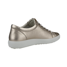 Angled View of Women’s ECCO Soft 7 Sneaker in Pure White/Gold – featuring sleek low-top silhouette, subtle gold accents for a touch of luxury, and minimalist design for everyday versatility.