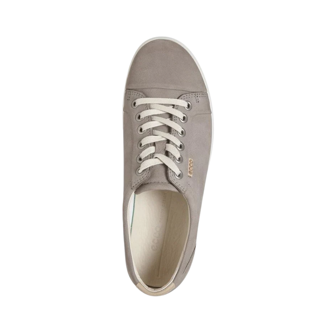Top View of Women’s ECCO Soft 7 Sneaker in Warm Grey – featuring smooth leather upper, padded tongue and collar for comfort, and secure lace-up design for a customized fit.