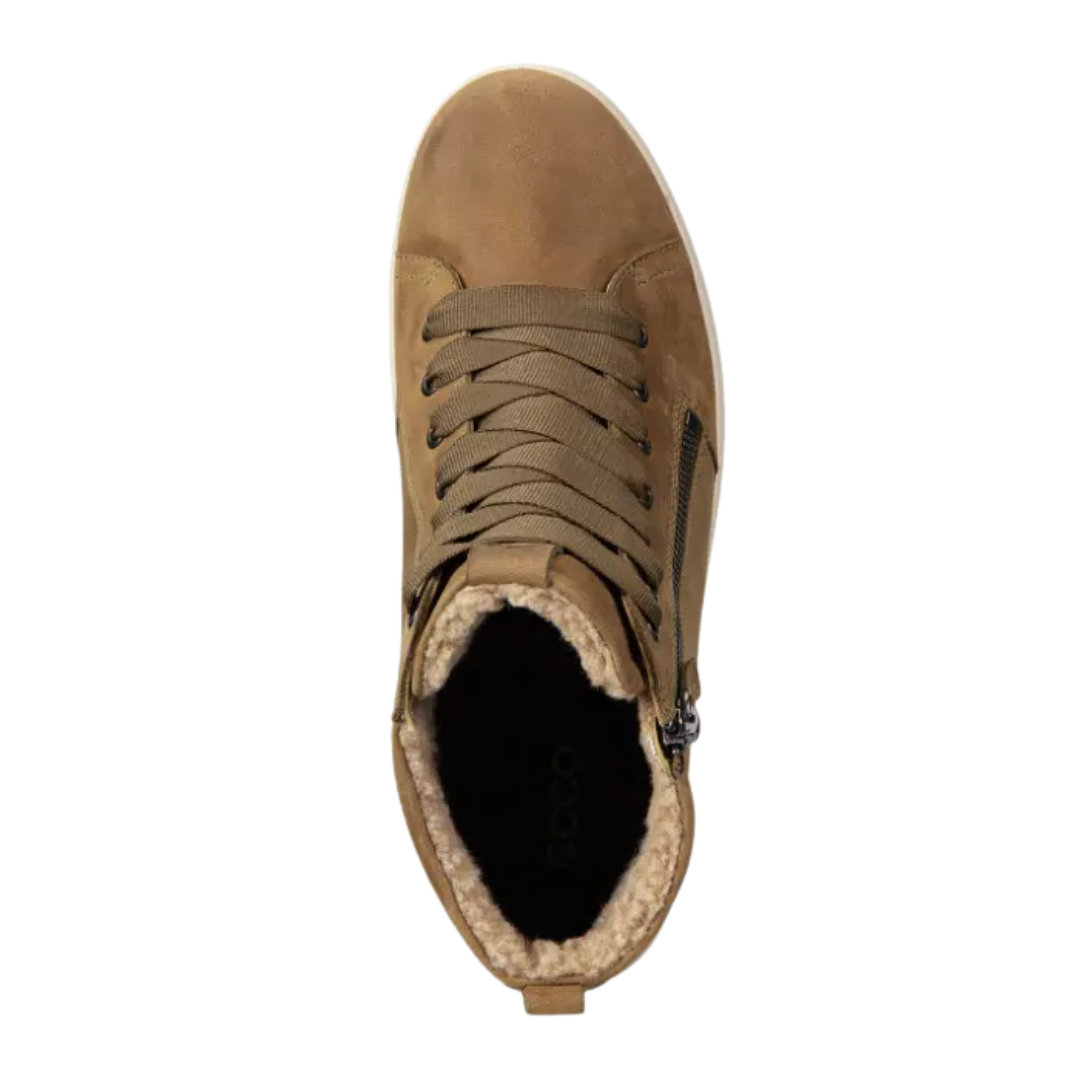 Top view of Women’s Ecco Soft 7 Tred GTX hiking boot in high sage – featuring padded collar and tongue for ankle support, moisture-wicking lining to keep feet dry, and secure lace-up closure for a customized fit.