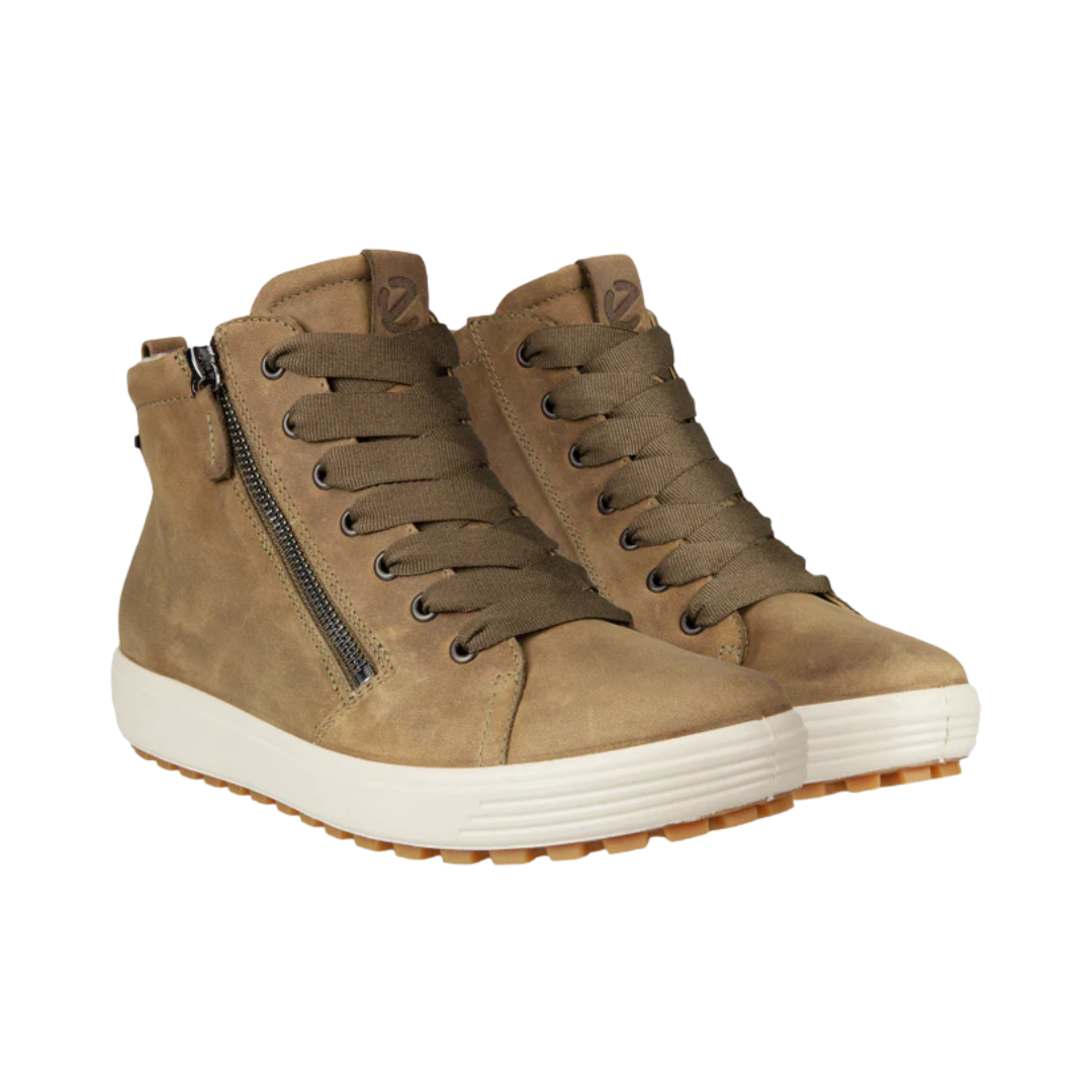 Angled View of Women’s ECCO Soft 7 Tred GTX High Boot in Sage – featuring waterproof leather construction, supportive mid-top design, and subtle stitch detailing for a clean, modern finish.