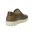Back view of Women’s Ecco Soft 7 Woven Slip-On in taupe – featuring padded heel collar for enhanced rearfoot cushioning and protection, molded heel counter for improved stability and support during walking, pull tab for easy on and off, and subtle branding details for a polished finish.