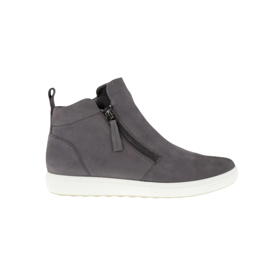 Side view of Women’s Ecco Soft 7 Zip Bootie in gravity – featuring premium soft leather upper with side zipper for easy on and off, cushioned footbed for all-day comfort, and sleek silhouette perfect for casual and dressy occasions.