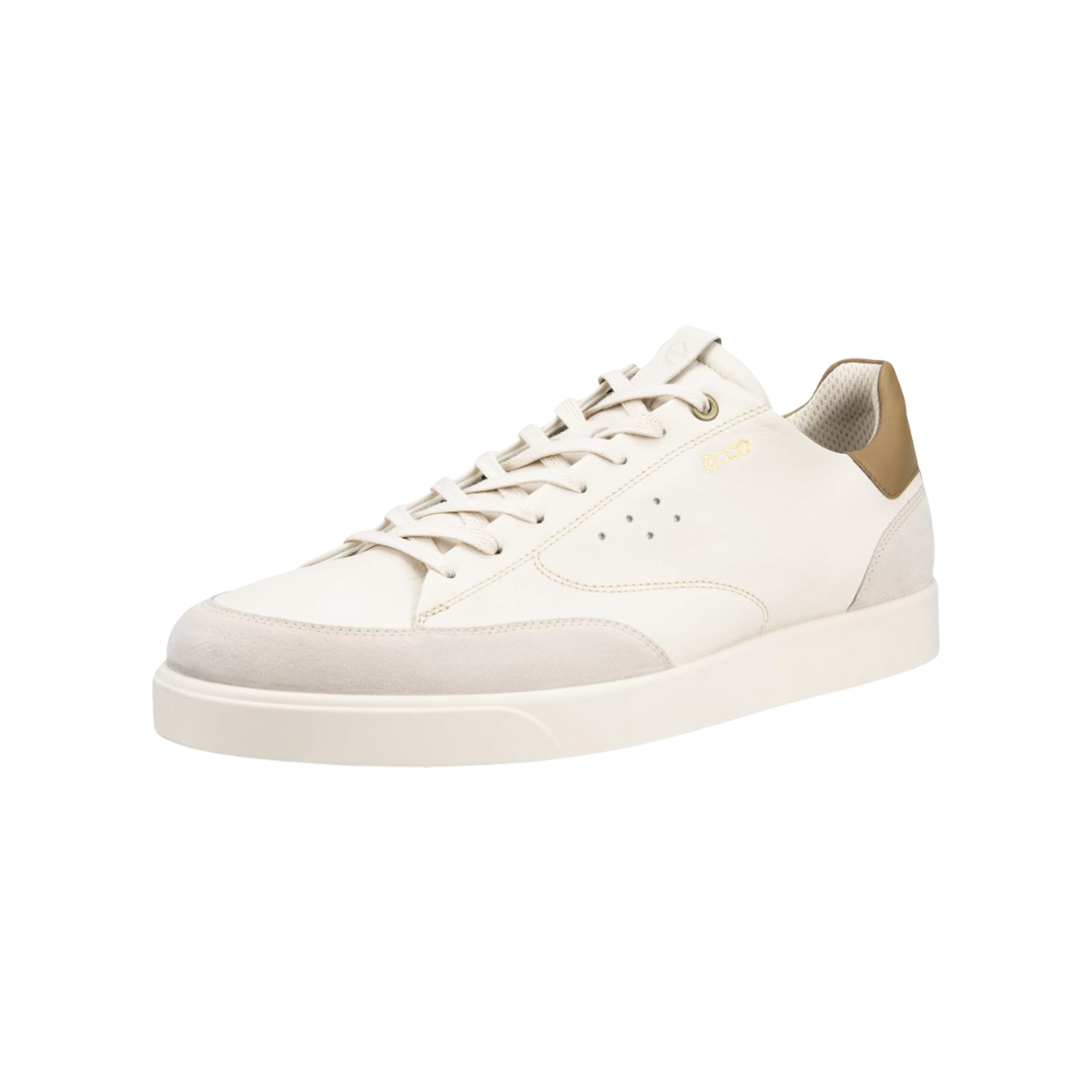 Angled view of Men’s Ecco Street Lite Luxe sneaker in limestone and nutmeg brown – featuring ergonomic footbed with anatomical arch support to reduce foot fatigue, lightweight midsole with shock absorption, and stylish design ideal for casual and active wear.