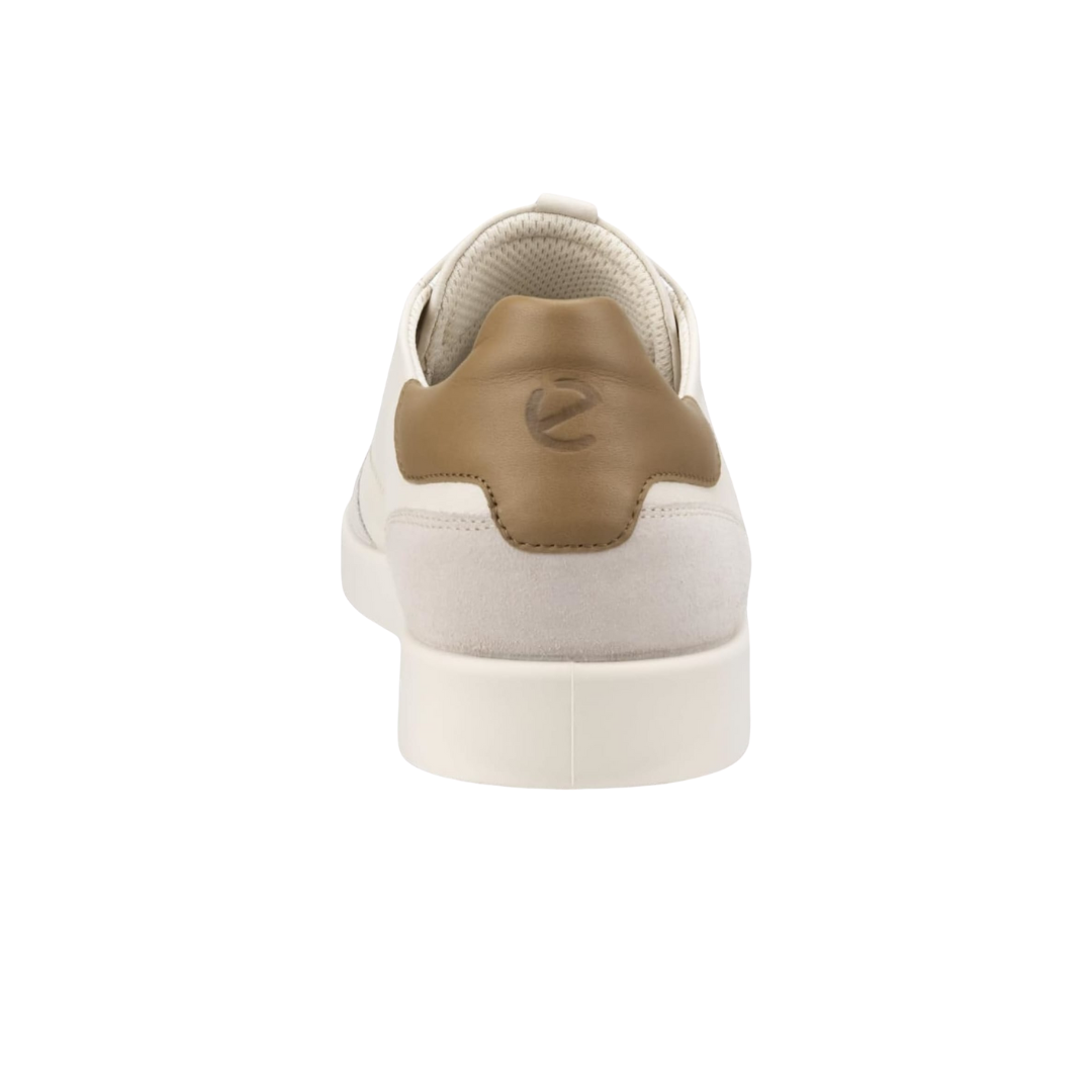 Back view of Men’s Ecco Street Lite Luxe sneaker in limestone and nutmeg brown – featuring padded heel collar for rearfoot cushioning and support, pull tab for easy on and off, and subtle branding details.