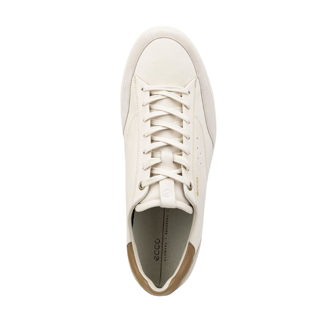 Top view of Men’s Ecco Street Lite Luxe sneaker in limestone and nutmeg brown – featuring padded collar and tongue for comfort, breathable lining to keep feet dry, and traditional lace-up closure for secure fit.
