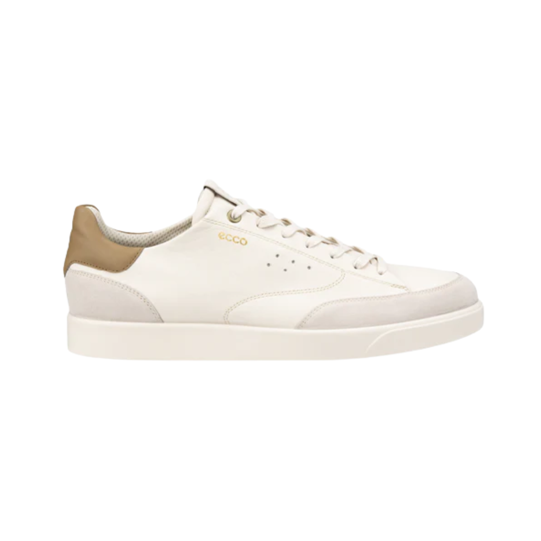 Side View of Men’s ECCO Street Lite Luxe Sneaker in Limestone/Nutmeg Brown – featuring smooth leather upper for elevated style, retro-inspired cupsole for casual appeal, and FLUIDFORM™ sole for lightweight cushioning.