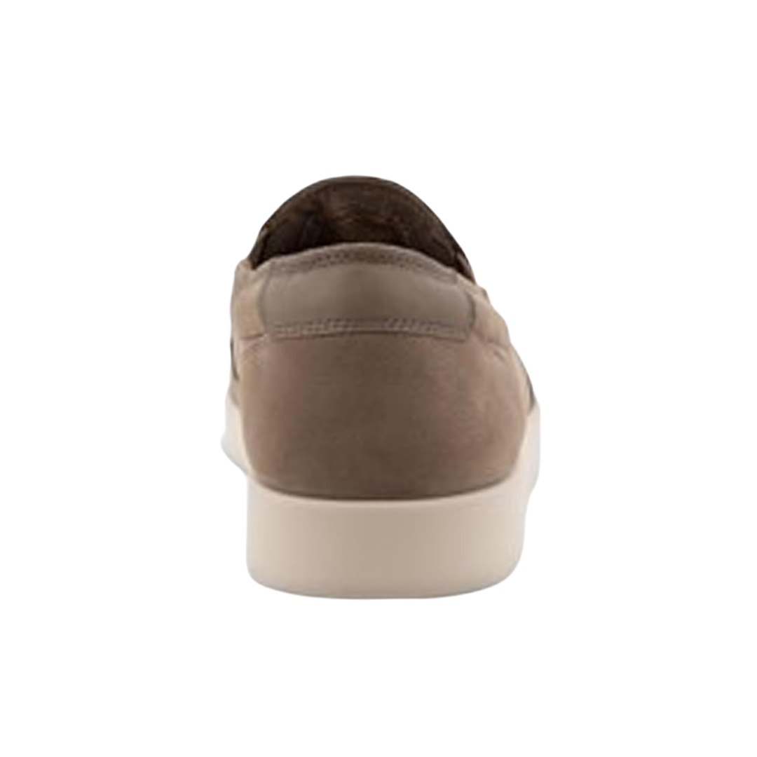 Back view of Men’s Ecco Street Lite Slip-On in taupe – featuring padded heel collar for rearfoot cushioning and support, flexible sole for ease of movement, pull tab for easy on and off, and subtle branding details.
