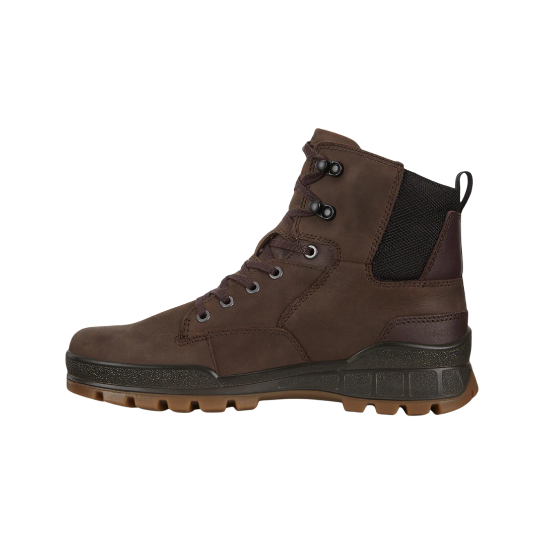 Side view of Men’s Ecco Track 25 plain toe boot in coffee – featuring premium full-grain leather upper for durability and classic style, cushioned footbed for all-day comfort, and rugged sole designed for traction on varied terrain.