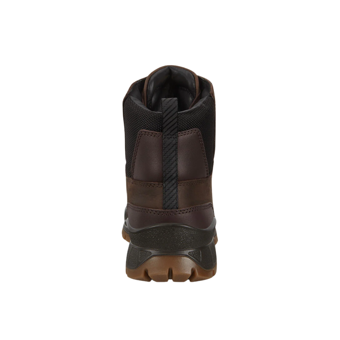 Back view of Men’s Ecco Track 25 plain toe boot in coffee – featuring padded heel collar for rearfoot cushioning and support, pull tab for easy on and off, and subtle branding details.