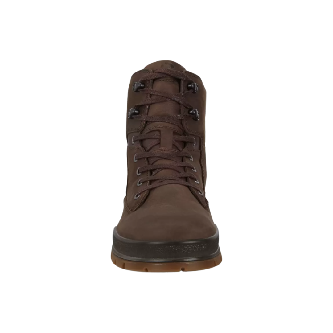 Front View of Men’s ECCO Track 25 Boot in Coffee – featuring round toe design for comfort, durable laces with metal eyelets, and waterproof leather upper for outdoor protection.