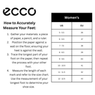 Women’s ECCO Shoe Size Chart – featuring detailed size measurements, international sizing conversions, and clear layout for easy shoe size reference.