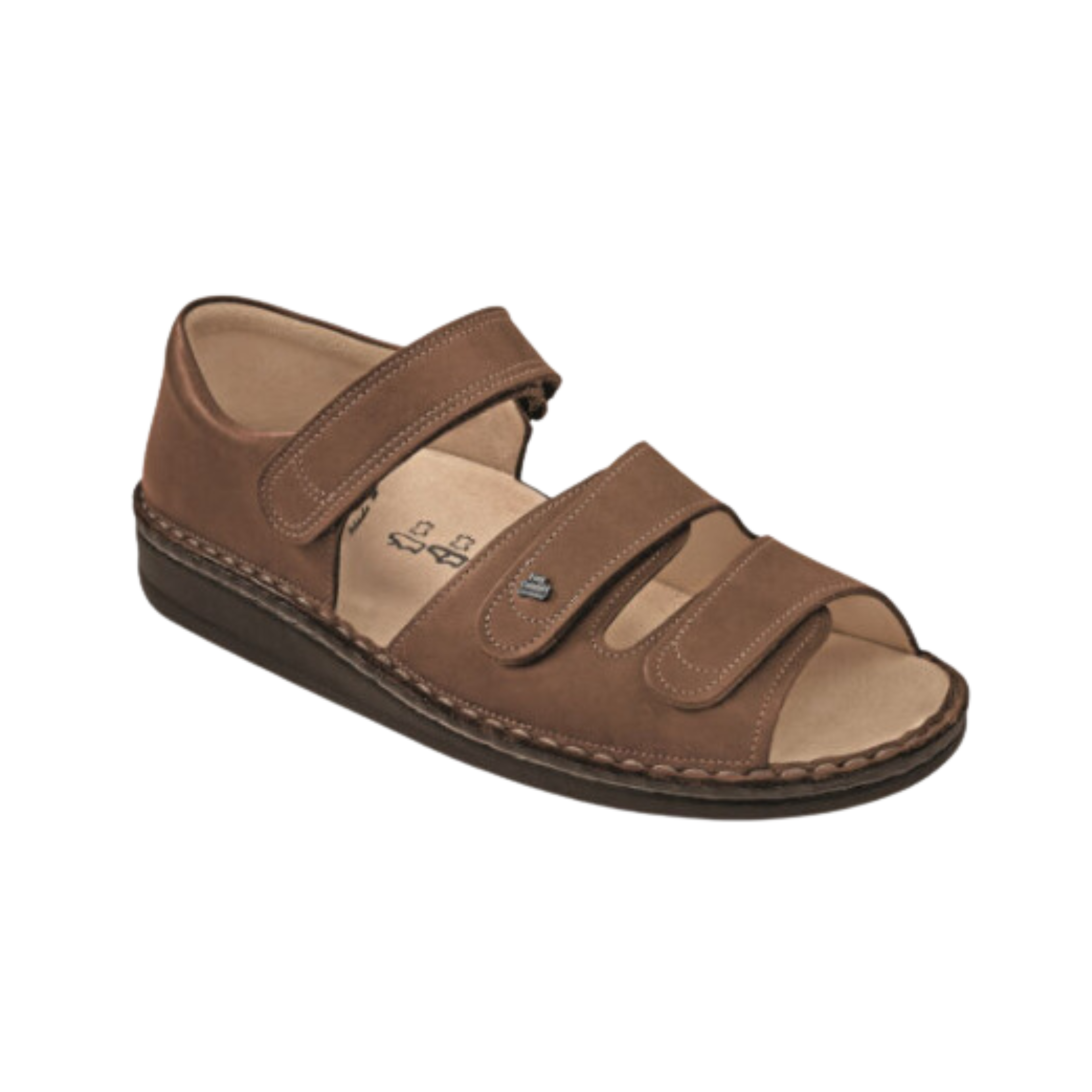 Angled view of Women’s Finn Comfort Baltrum sandal in brown – featuring soft leather upper, anatomically contoured cork footbed for all-day support, adjustable straps for customizable fit, and durable rubber outsole for traction.