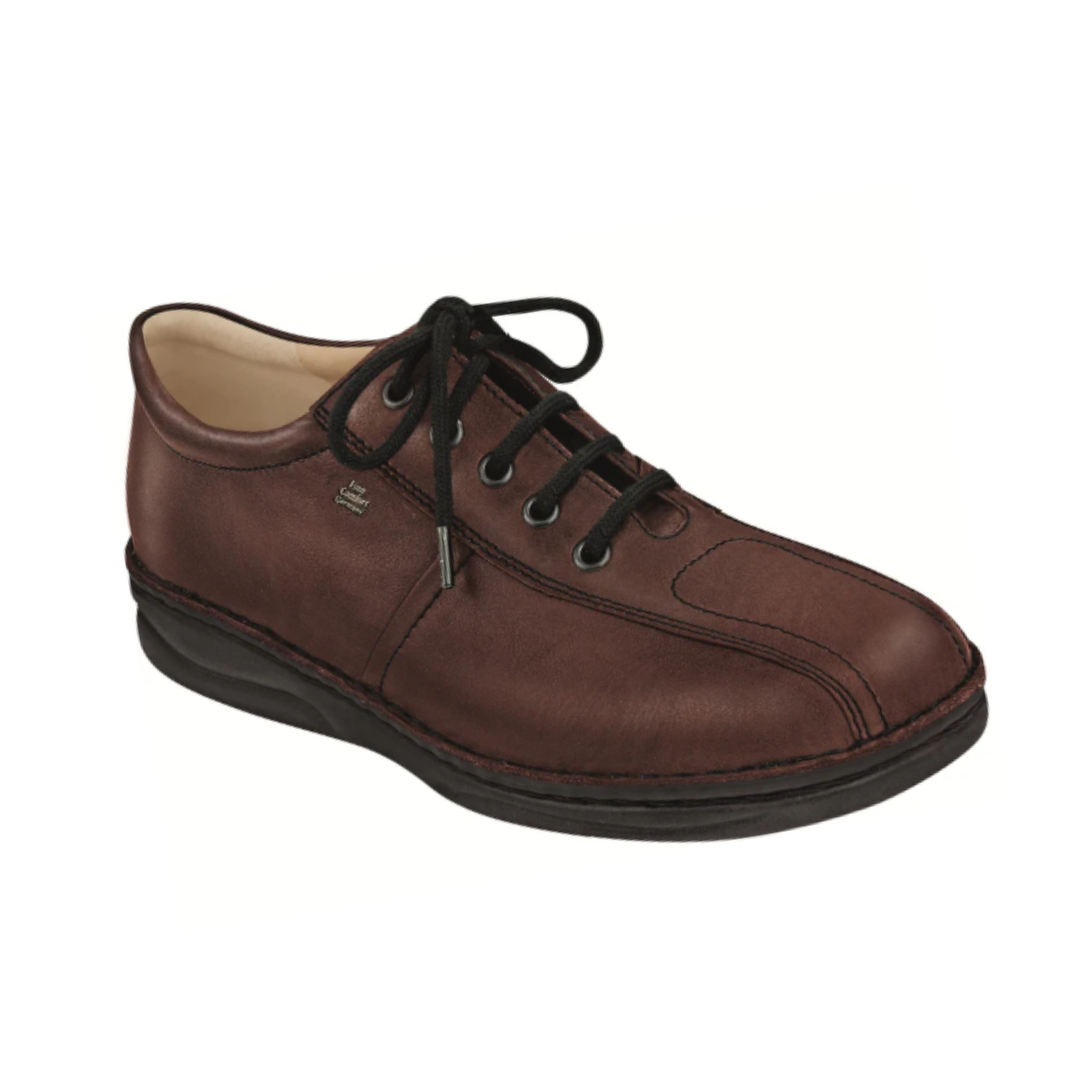 Angled View of Men’s Finn Comfort Dijon Shoe in Teak Brown – featuring sleek silhouette with polished leather finish, cushioned interior for comfort, and sturdy sole for stability.
