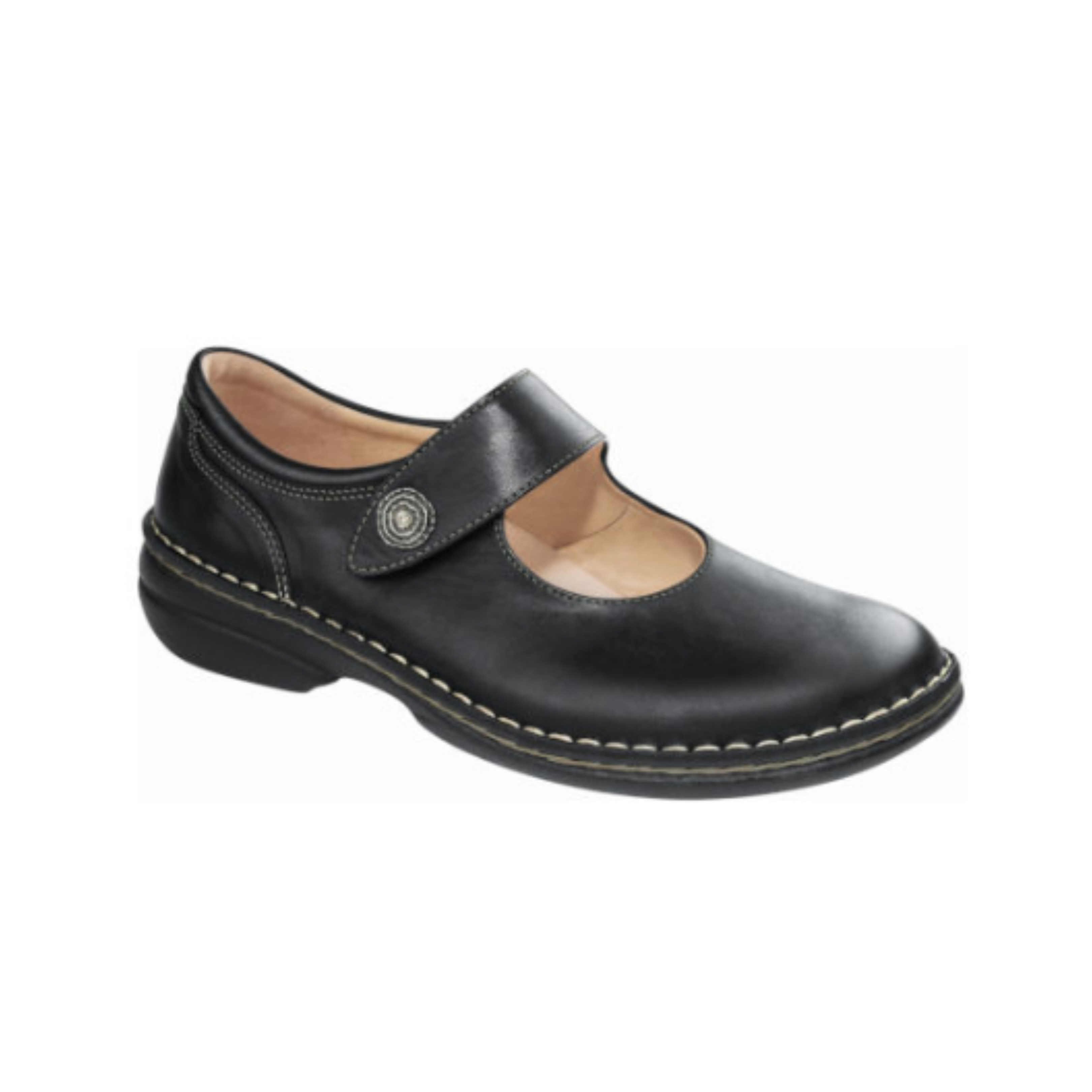 Angled view of Women’s Finn Comfort Laval dress shoe in black – featuring premium leather upper, cushioned footbed for all-day comfort, durable outsole, and elegant design suitable for formal wear.
