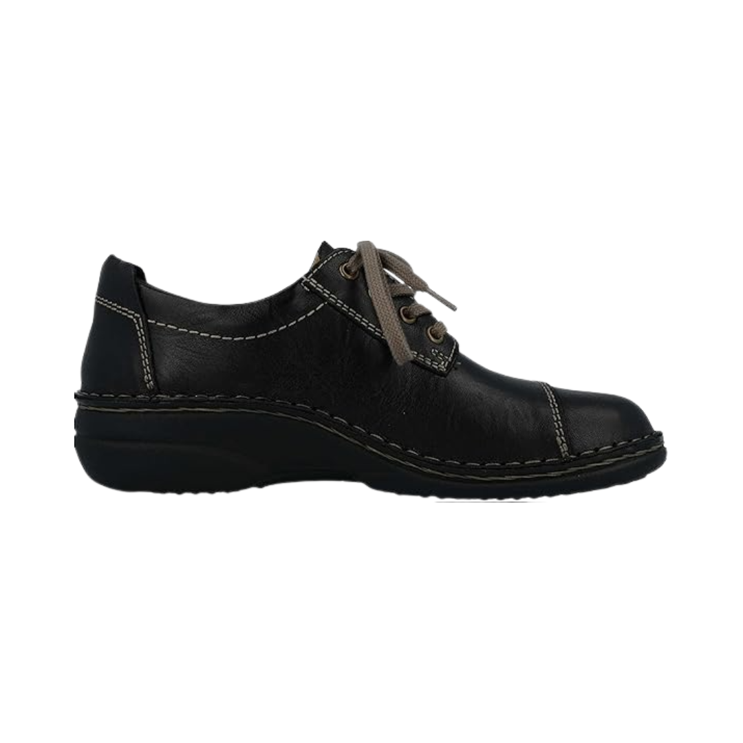 Side View of Women’s Finn Comfort Lexington Schwarz Black Plissee Shoe in Black – featuring premium leather upper with pleated design, cushioned footbed for comfort, and supportive sole for all-day wear.