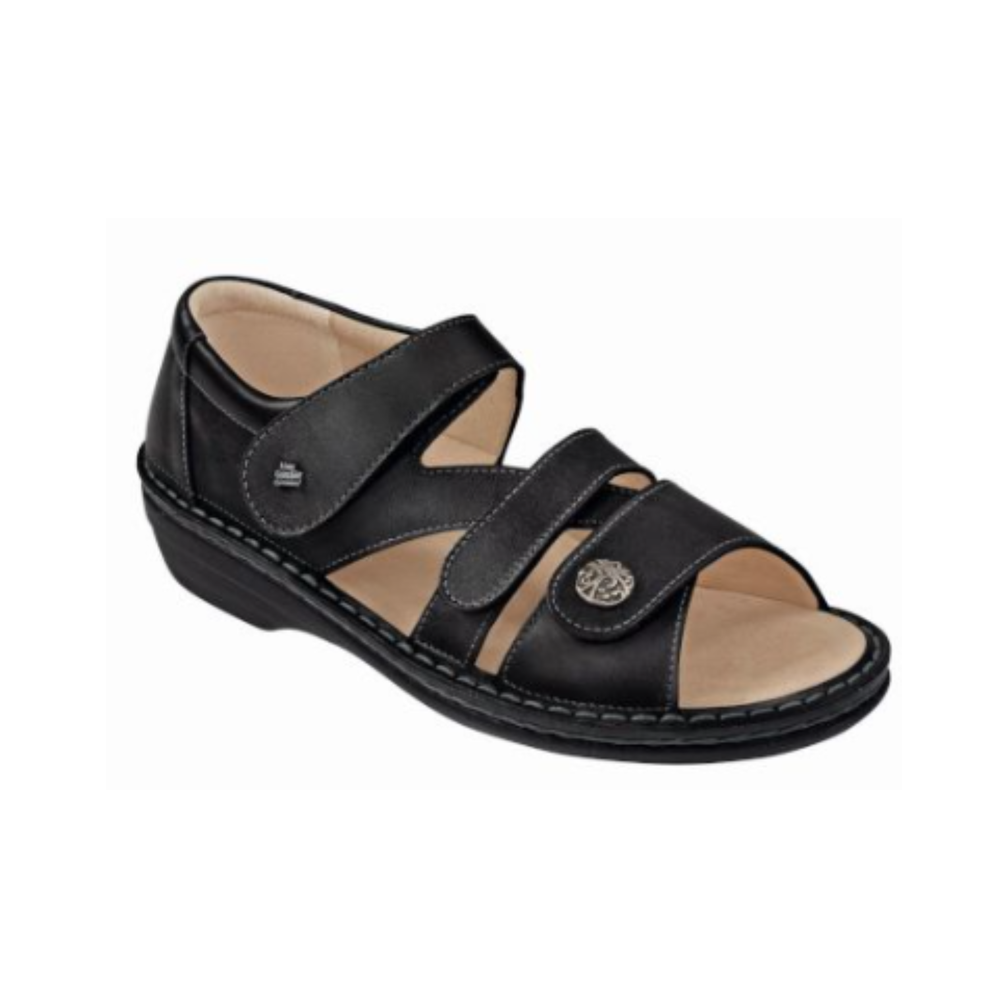 Angled view of Women’s Finn Comfort Sintra S sandal in black – featuring smooth leather upper, anatomically shaped footbed for support, cushioned midsole, and adjustable straps for custom fit.