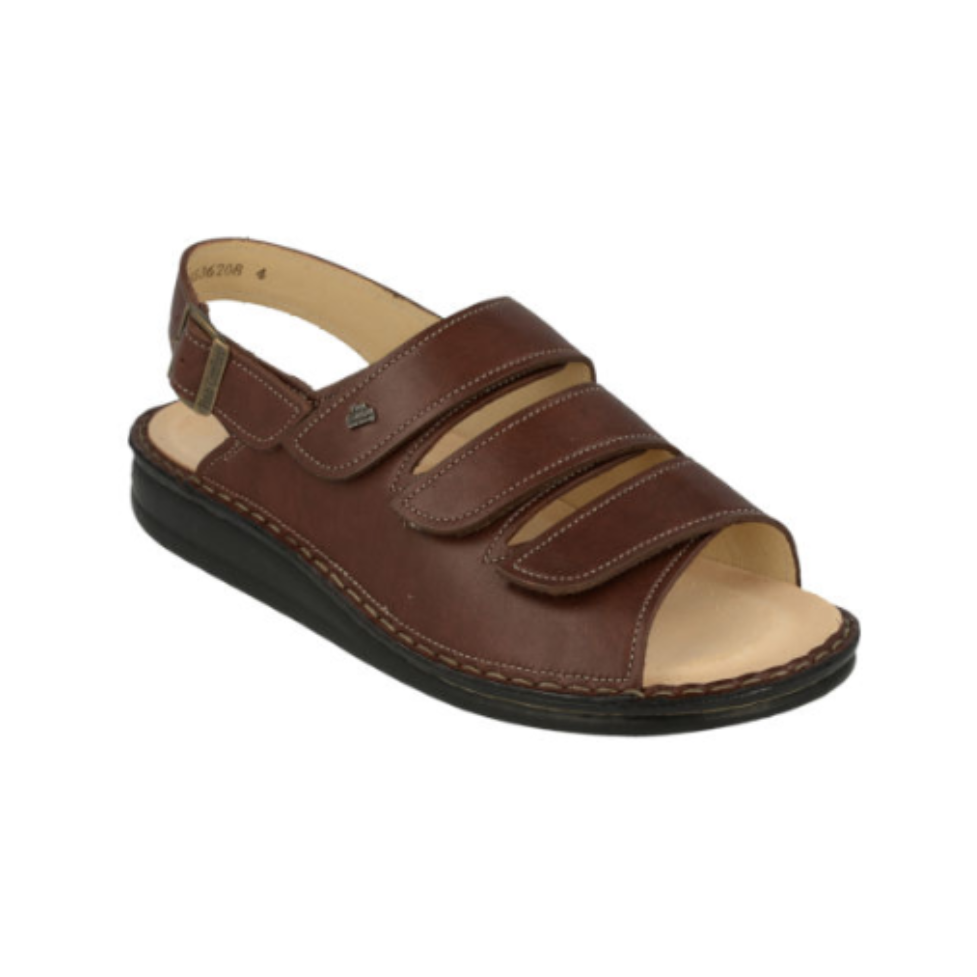 Angled view of Women’s Finn Comfort Sylt sandal in brown – featuring soft leather straps, contoured footbed for support, cushioned sole, and adjustable buckle for a secure fit.