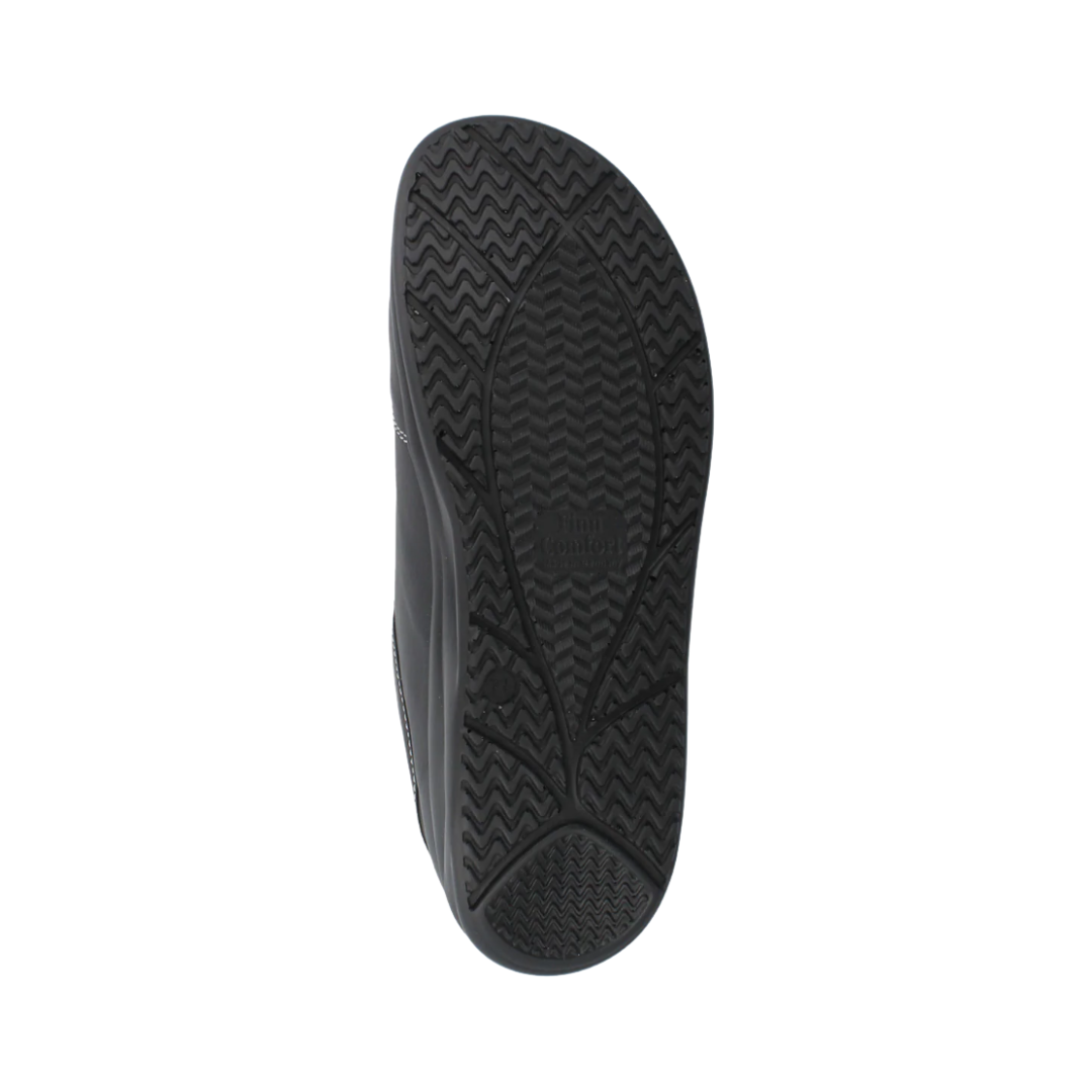 Bottom View of Men’s Finn Comfort Huelva Shoe in Black – featuring rubber outsole with traction pattern for grip, flexible sole for natural foot movement, and shock-absorbing heel for impact protection.