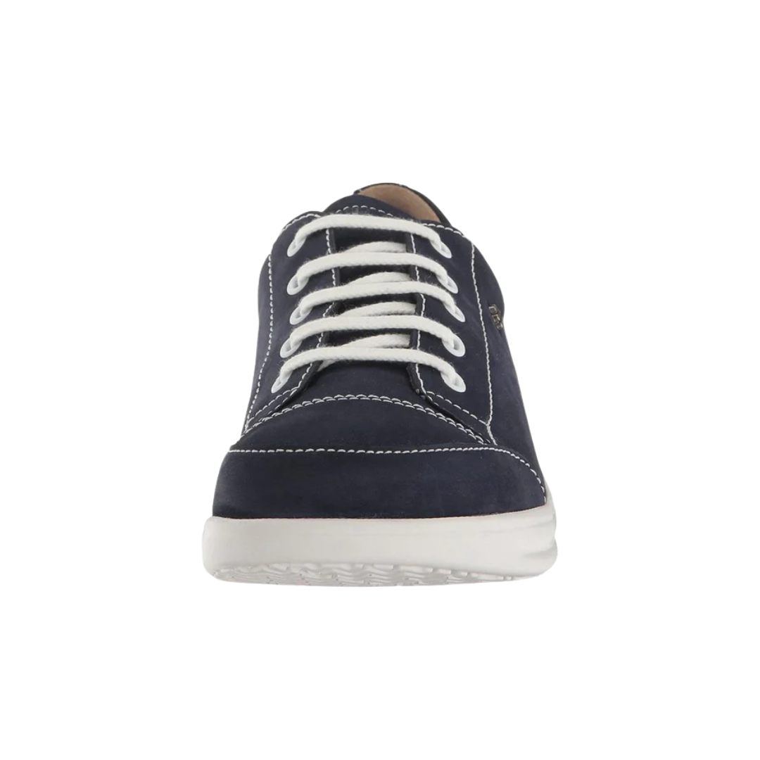 Front View of Women’s Finn Comfort Ikebukuro Atlantic Patagonia Shoe in Deep Blue – featuring rounded toe for natural fit, smooth leather upper, and secure lace-up closure.