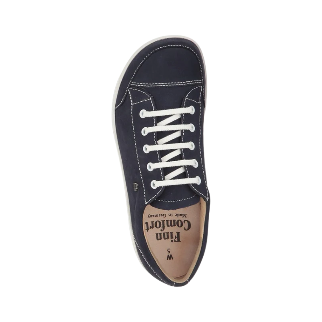 Top View of Women’s Finn Comfort Ikebukuro Atlantic Patagonia Shoe in Deep Blue – featuring smooth leather upper with lace-up closure for adjustable fit, and padded collar for ankle support.