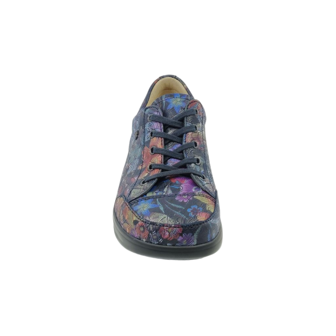 Front View of Women’s Finn Comfort Ikebukuro Darkblue Irpino Shoe in Dark Blue – featuring rounded toe for natural fit, smooth leather upper, and secure lace-up closure.