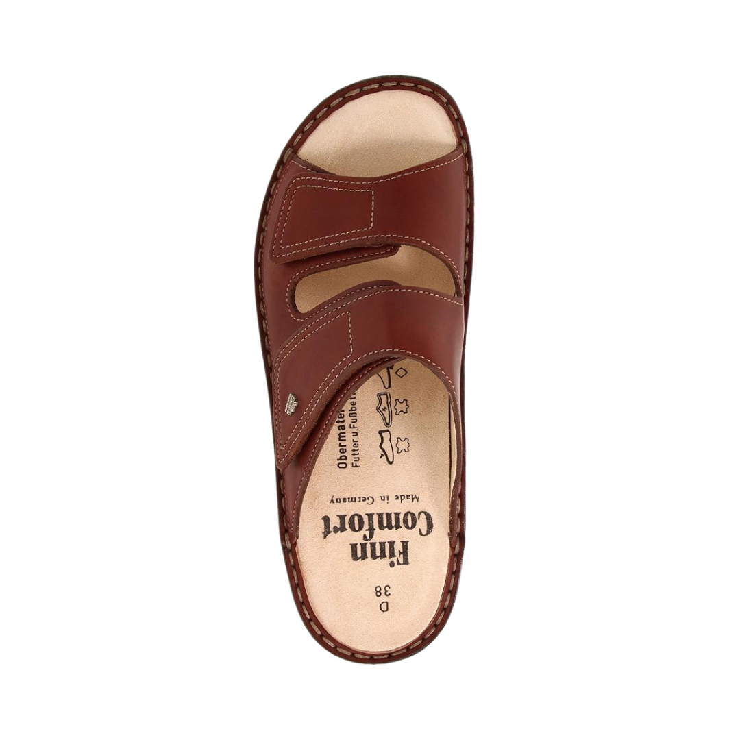 Top View of Women’s Finn Comfort Jamika-S Shoe in Brandy Brown – featuring smooth leather upper with minimal stitching, lace-up closure for adjustable fit, and padded collar for ankle support.