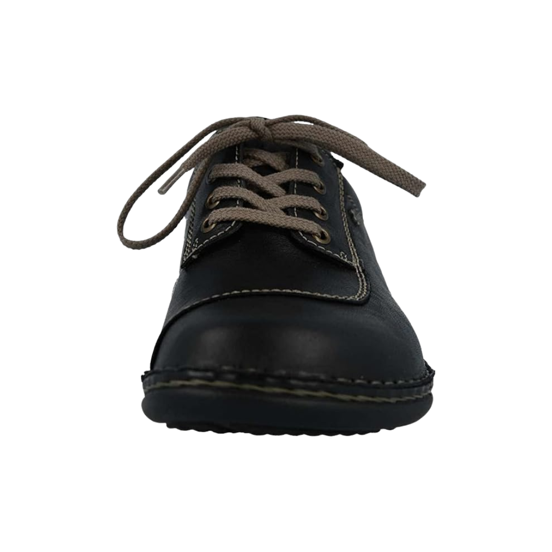 Front View of Women’s Finn Comfort Lexington Schwarz Black Plissee Shoe in Black – featuring rounded toe for natural fit, pleated design for a chic look, and lace-up front for secure wear.