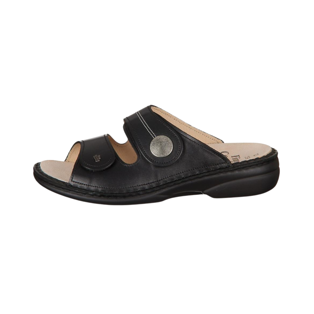 Side View of Women’s Finn Comfort Sansibar-S Shoe in Black – featuring smooth leather upper for sleek style, cushioned footbed for comfort, and flexible outsole for natural movement.