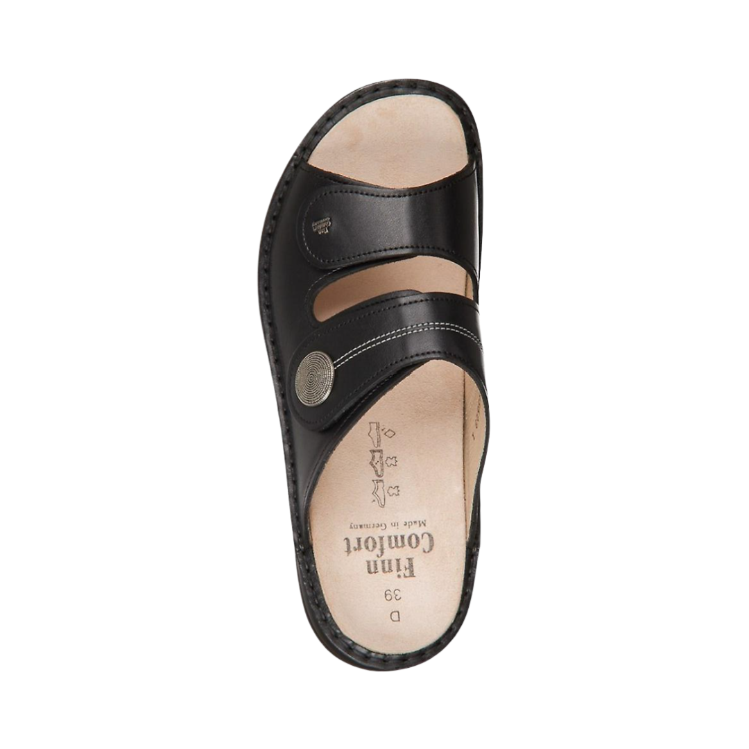 Top View of Women’s Finn Comfort Sansibar-S Shoe in Black – featuring smooth leather upper with minimal stitching, lace-up closure for adjustable fit, and padded collar for ankle support.