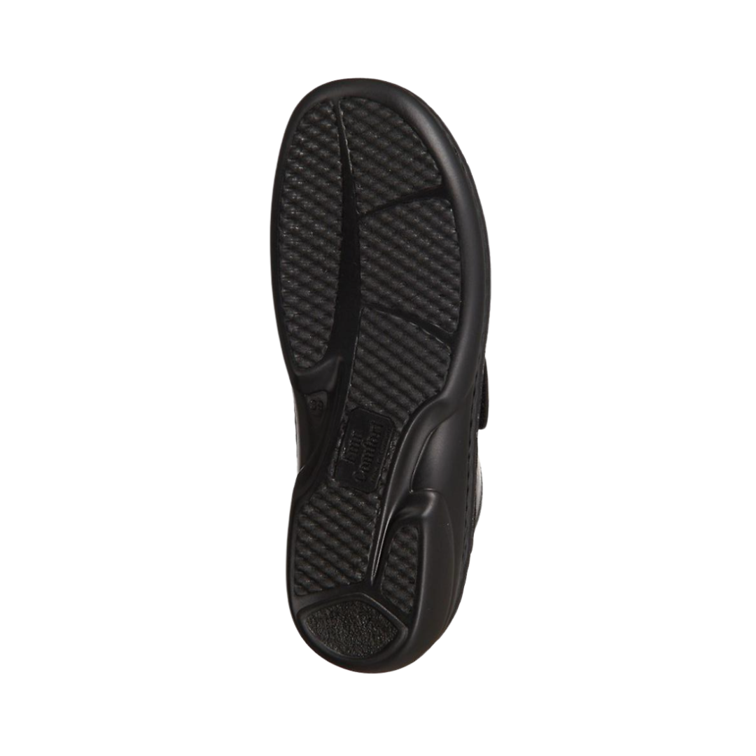 Bottom View of Women’s Finn Comfort Sansibar-S Shoe in Black – featuring durable rubber outsole with traction pattern, shock-absorbing heel, and flexible sole for enhanced comfort.
