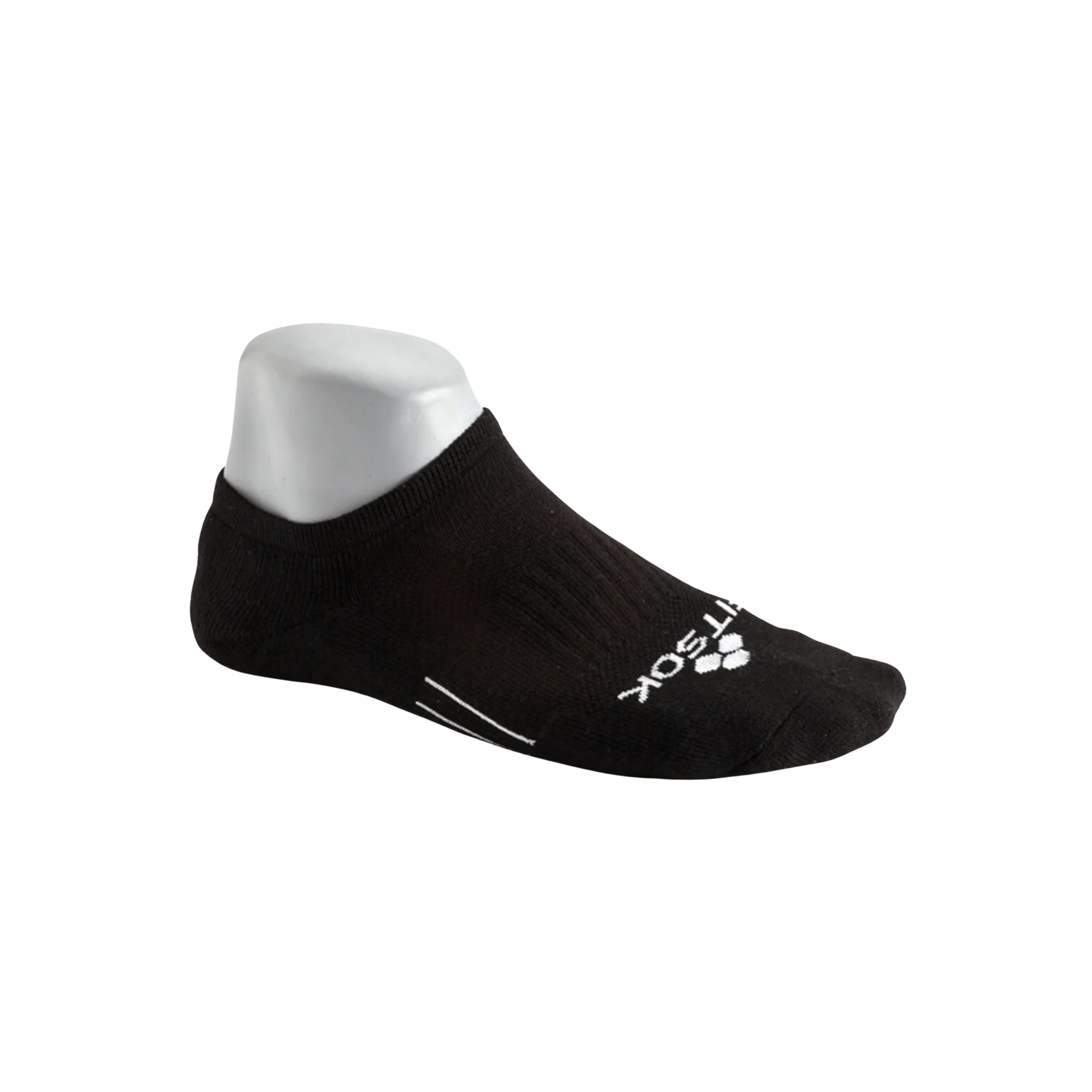 Side view of unisex FitSok CF2 cushioned no-show sock in black – featuring cushioned sole for shock absorption, breathable moisture-managing fabric, and low-profile no-show design for a secure fit inside shoes.