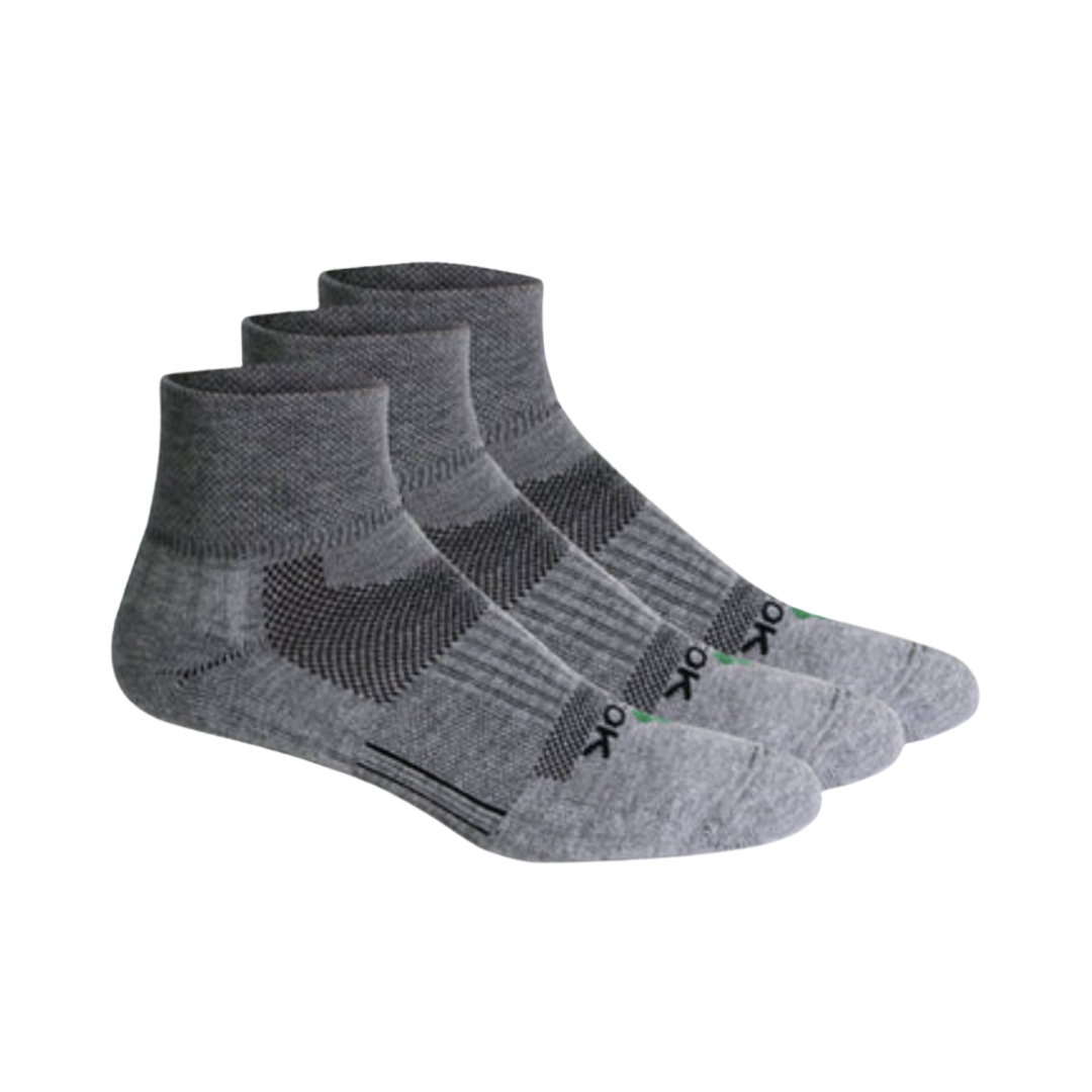 Angled View of Unisex FitSok CF2 Cushion Quarter Sock in Grey – featuring athletic profile with performance cushioning, ribbed ankle cuff for a secure fit, and subtle branding for a clean look.