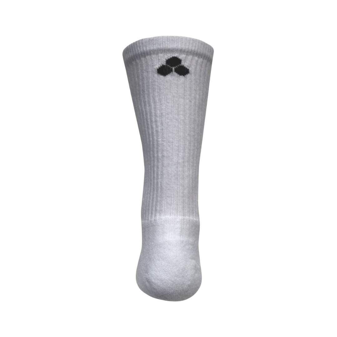 Back View of Unisex FitSok CF2 Crew Sock in White – featuring supportive heel structure, tall ribbed cuff for stability, and smooth finish for a streamlined appearance.