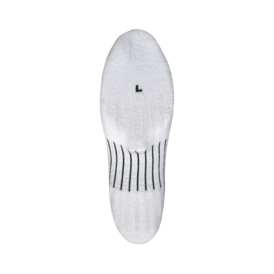 Bottom View of Unisex FitSok CF2 Crew Sock in White – featuring reinforced heel and toe for durability, targeted arch support for stability, and breathable knit for long-lasting comfort.