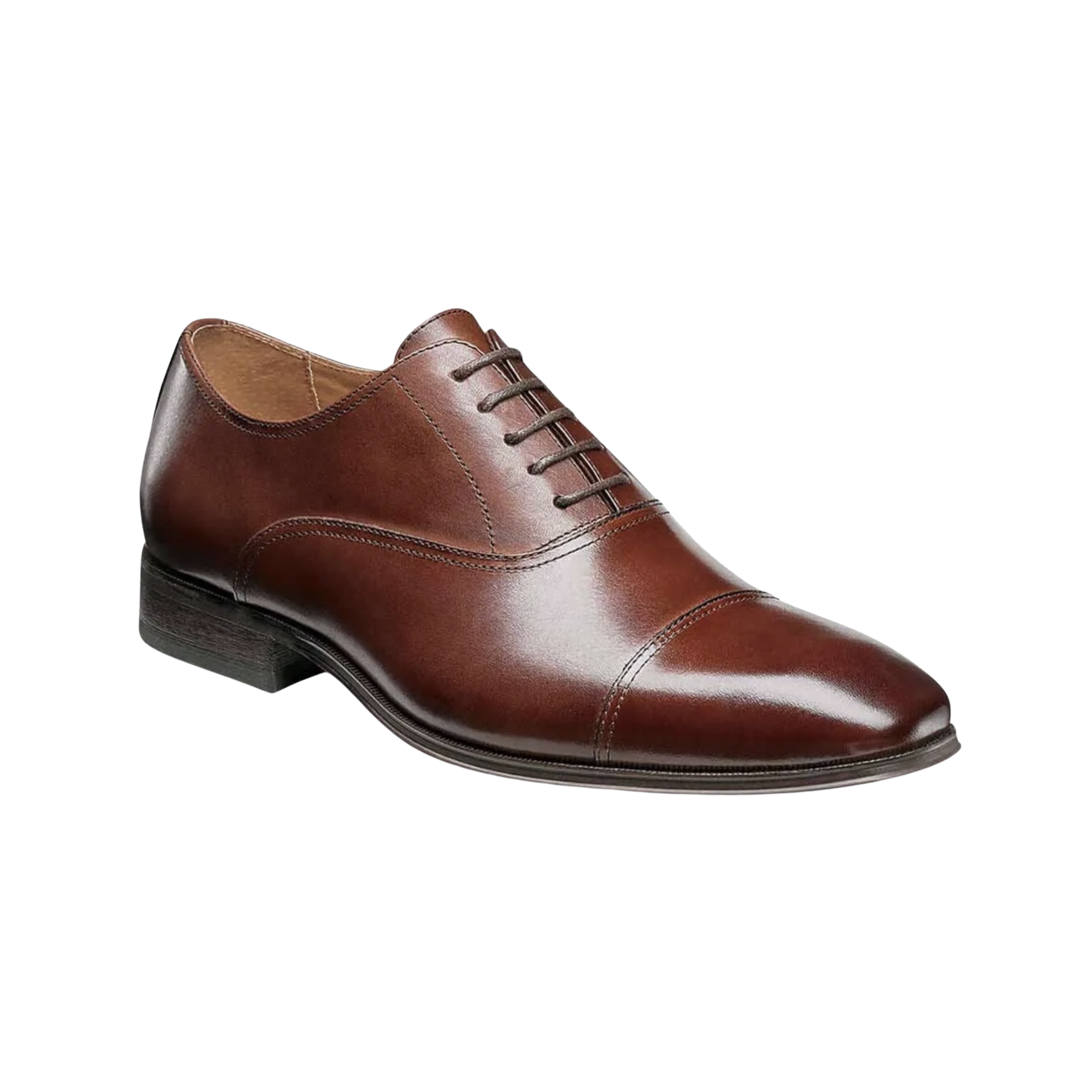 Angled view of Men’s Flex Cap-Toe Oxford in Cognac – capturing the elegant balance of structured toe, polished finish, and modern cushioning design, offering both sophistication and everyday flexibility.