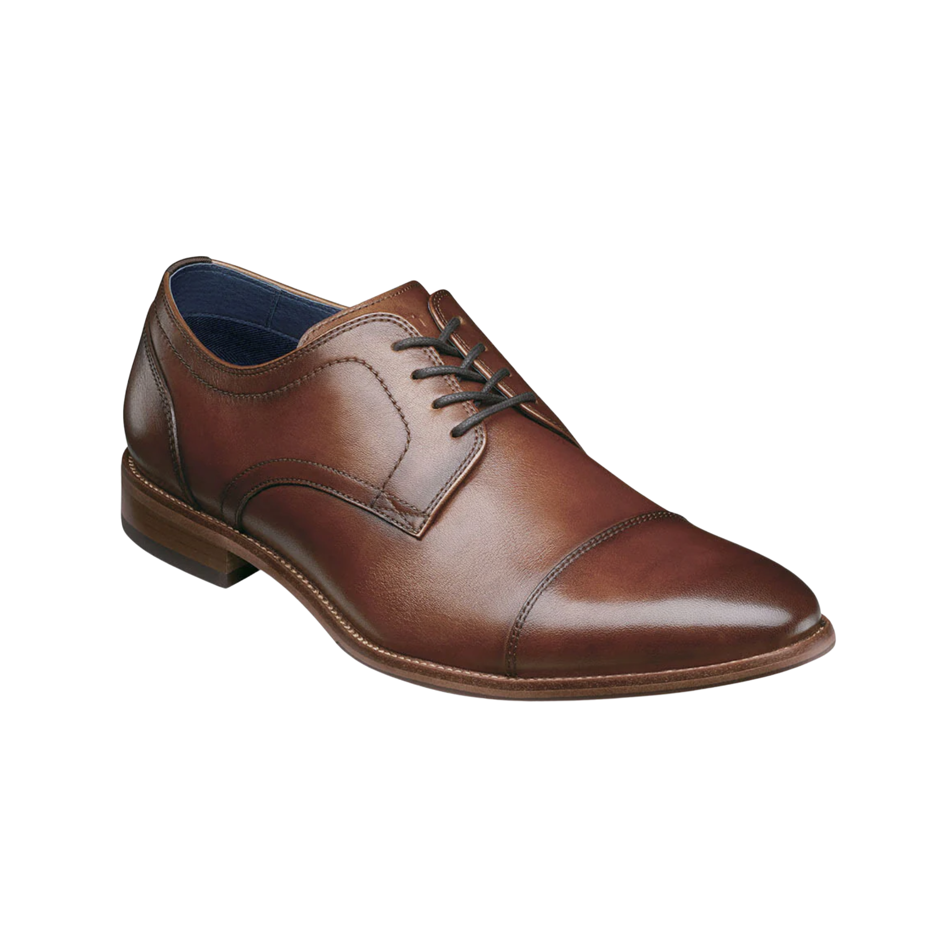 Angled view of Men’s Flex Cap-Toe Oxford in Cognac – capturing the elegant balance of structured toe, polished finish, and modern cushioning design, offering both sophistication and everyday flexibility.