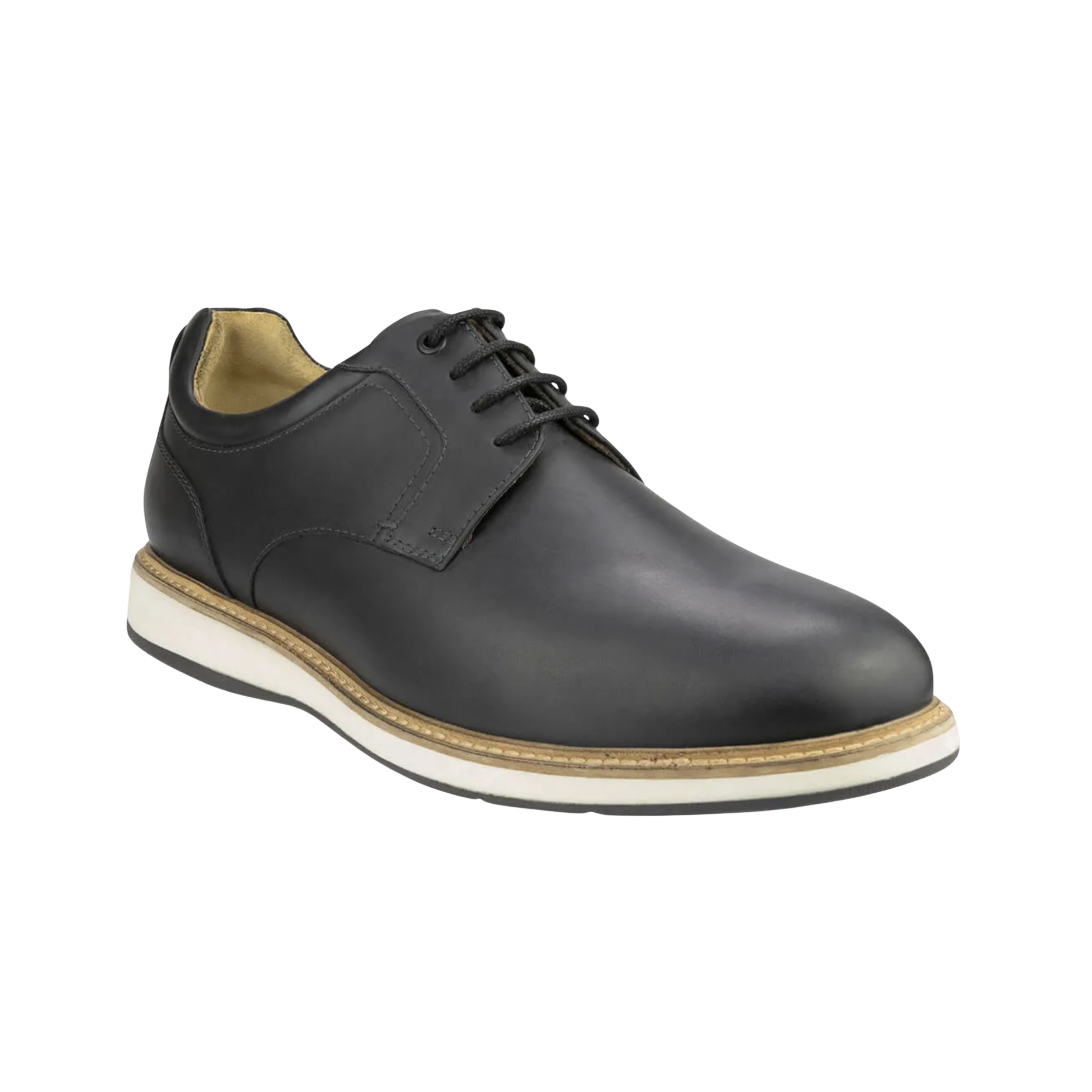 Side view of Men’s Scarsdale Plain-Toe Oxford in Black – displaying the full-grain leather upper, minimal stitching detail, and low-profile construction for a modern, understated dress shoe style.