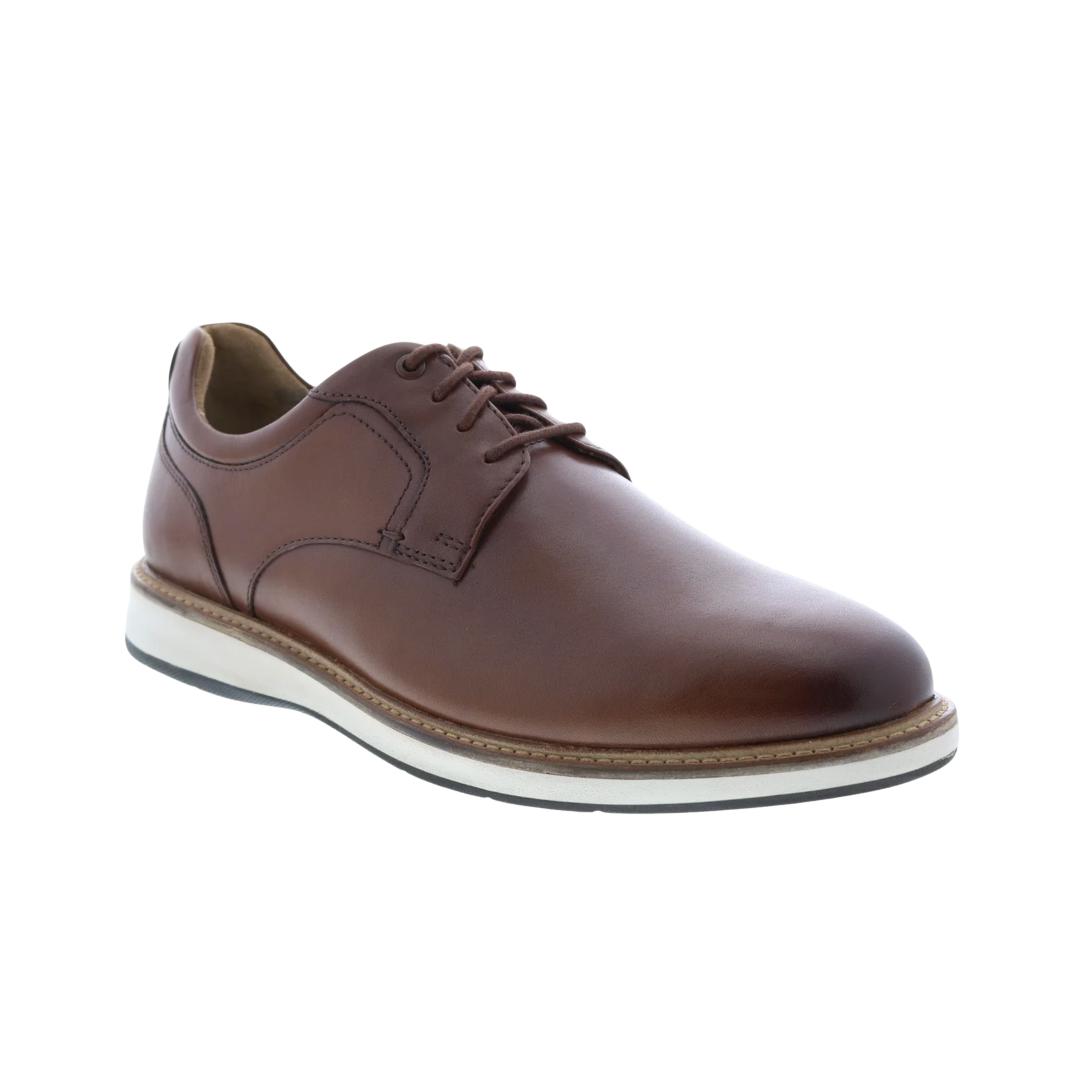 Angled view of Men’s Scarsdale Plain-Toe Oxford in Cognac – showcasing a sleek, polished leather upper with clean plain-toe design, traditional lacing system, and subtle stitching for a refined, professional appearance.