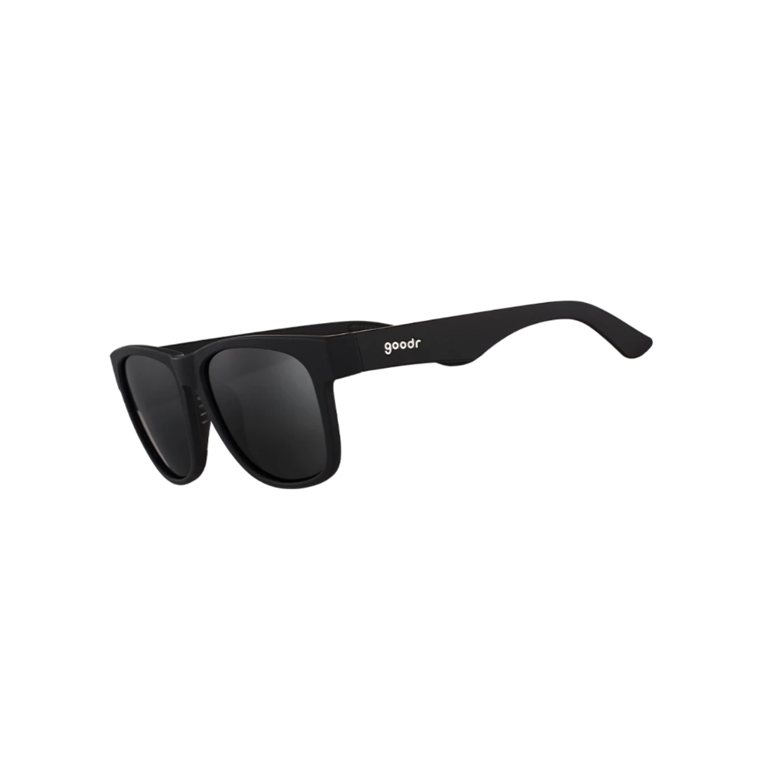 Angled View of Unisex Goodr BFG Sunglasses in Hooked on Onyx colorway – featuring oversized frame for maximum coverage, polarized lenses for glare reduction, and no-slip nose and temple grips for active comfort.