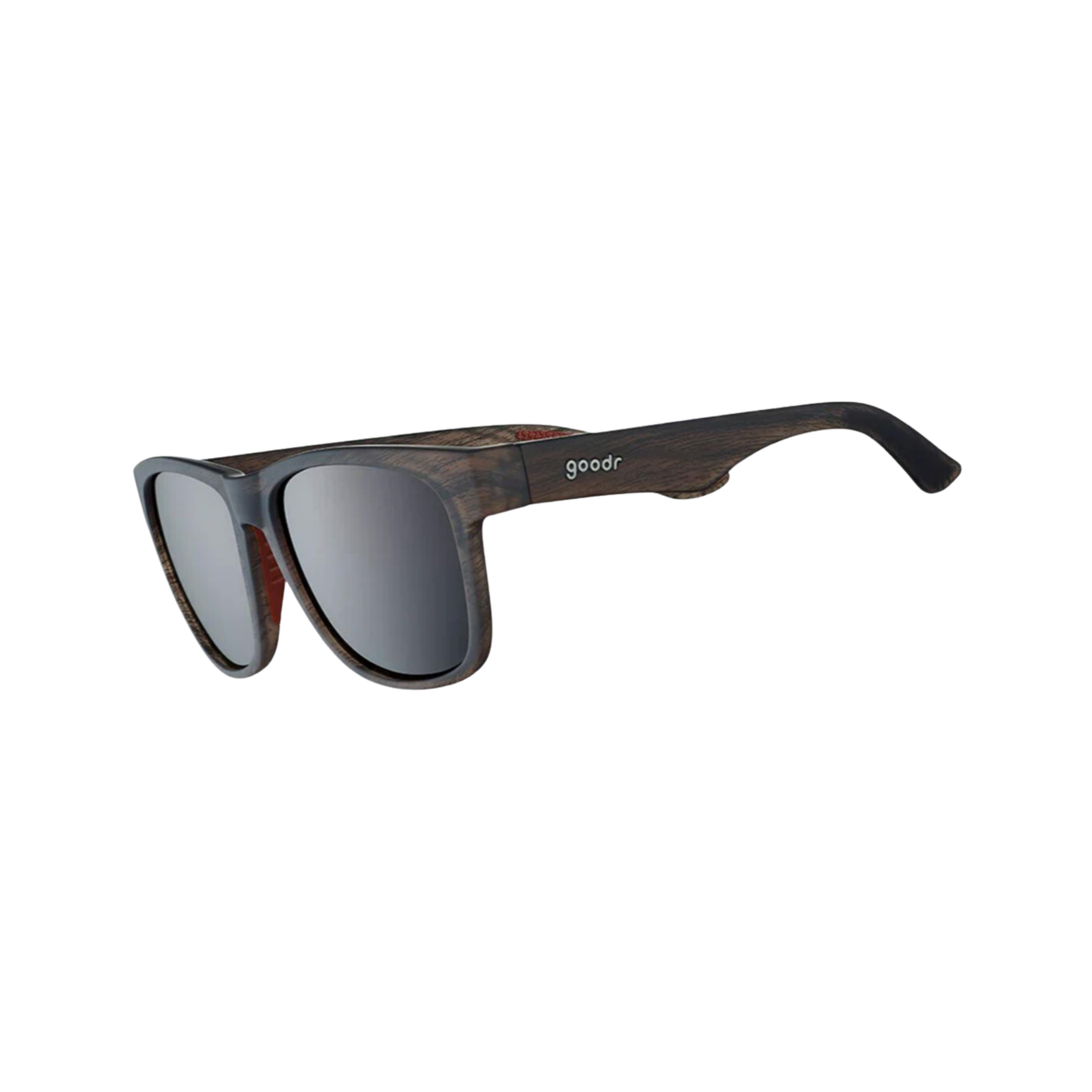 Angled view of unisex Goodr BFG non-slip sunglasses in brown with polarized lenses – featuring oversized frame, glare-reducing polarized lenses, secure rubberized fit, and durable lightweight construction.