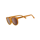 Angled View of Unisex Goodr Circle G Sunglasses Bodhi’s Ultimate Ride in Woodgrain Frame with Brown Lenses – featuring round frame for natural style, polarized lenses for glare reduction, and lightweight construction for all-day comfort.