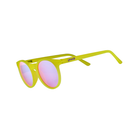 Angled view of unisex Goodr Circle G non-slip sunglasses in bright yellow – featuring polarized lenses, secure rubberized grip, lightweight frame, and vibrant yellow color for bold style.