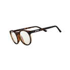 Angled view of unisex Goodr Circle G non-slip sunglasses in brown – featuring clear lenses for indoor/outdoor versatility, comfortable rubberized fit, lightweight frame, and casual sporty style.