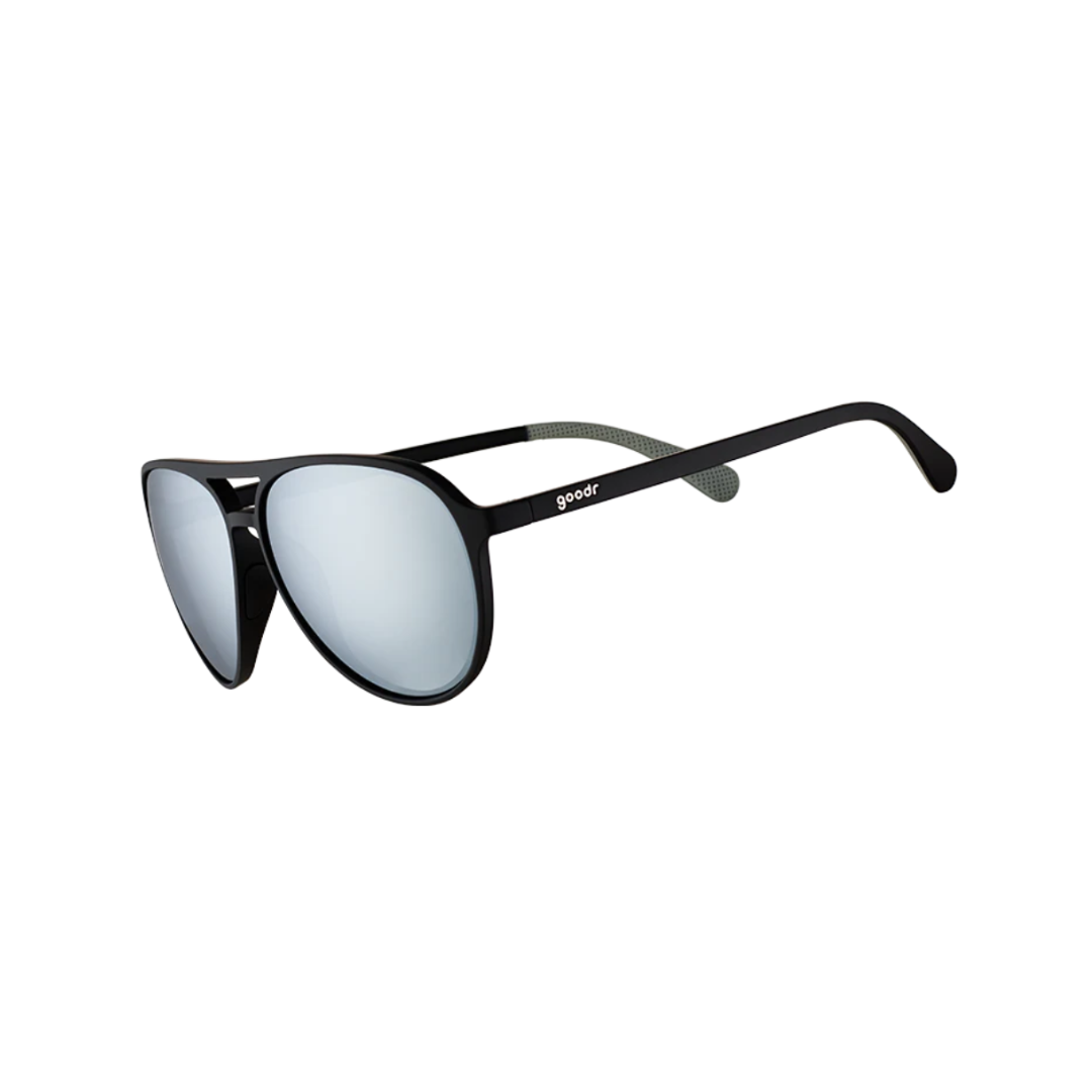 Angled view of unisex Goodr Mach G non-slip sunglasses in black – featuring reflective chrome lenses, lightweight durable frame, non-slip rubber arms for secure fit, and sleek performance design.
