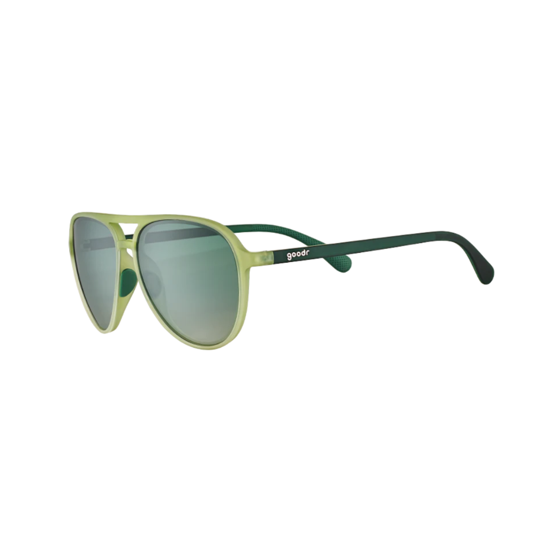 Angled view of unisex Goodr Mach G non-slip sunglasses in dark and light green – featuring polarized lenses to reduce glare, flexible rubberized arms for secure grip, lightweight frame engineered for active use, and vibrant dual-tone design.