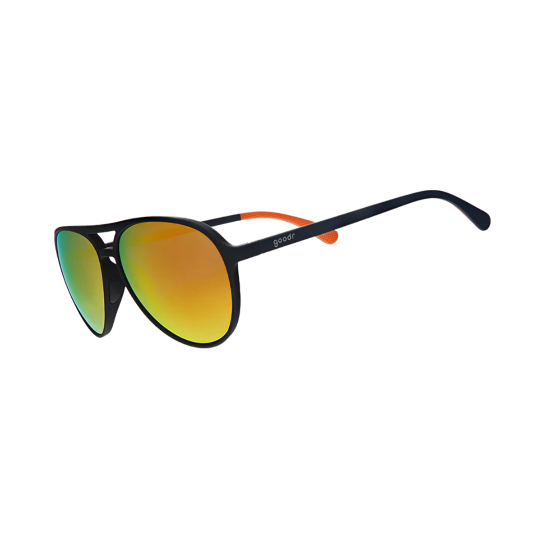 Angled View of Unisex Goodr Mach G Sunglasses Call Me Tarmac Daddy in Matte Black Frame with Orange Mirrored Lenses – featuring aviator-style full-rim frame for bold look, polarized lenses for glare reduction, and lightweight design for all-day comfort.