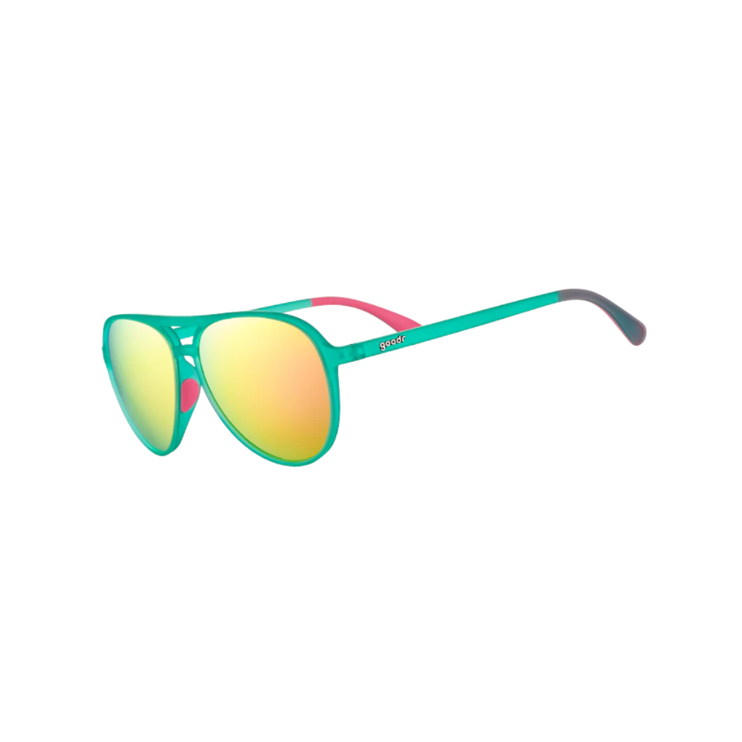 Angled view of unisex Goodr Mach G non-slip sunglasses in teal – featuring reflective lenses, snug rubberized fit, lightweight flexible frame, and sporty design.