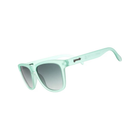 Angled view of unisex Goodr OG non-slip sunglasses in mint green – featuring gradient lenses for versatile lighting, non-slip nose pads and arms for secure fit, durable yet lightweight frame, and fresh mint green color for standout style.