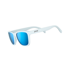 Angled View of Unisex Goodr The OG Sunglasses Iced by Yetis in White Frame with Blue Mirrored Lenses – featuring classic full-rim frame for crisp style, polarized lenses for glare protection, and lightweight construction for comfortable all-day wear.